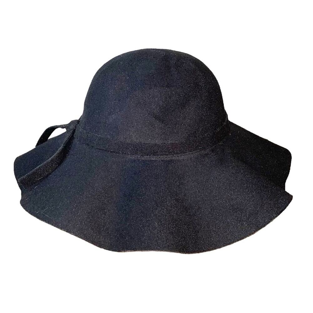 Black Wide Brim Floppy Sun Hat Bow Accent One Size